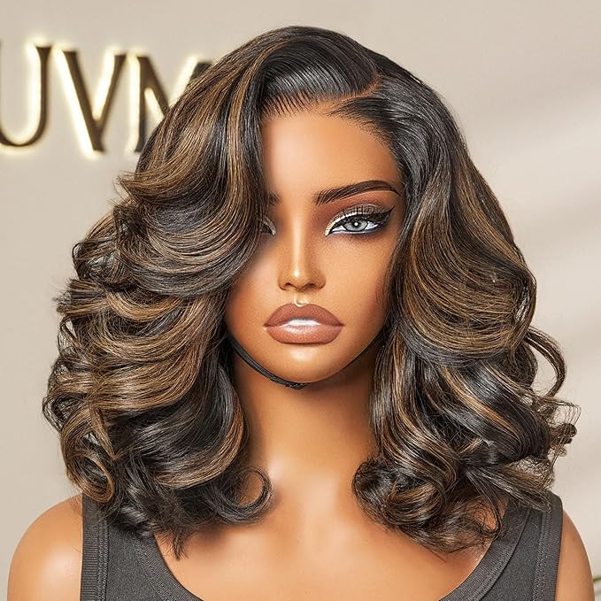 LUVME HAIR 100% Human Hair Wigs Loose Wave Glueless Lace Front 16 Inches, Pre Cut Plucked Hd Lace Short Wig Ready To Go Highlight Color Straight Bleached Knots Side Part Wigs