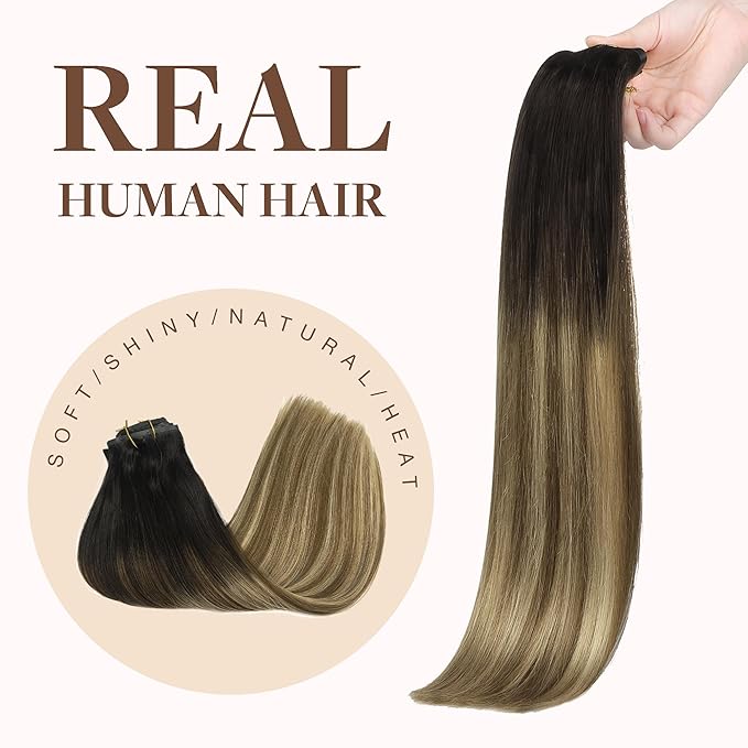 GOO GOO Clip in Hair Extensions Real Human Hair, Remy Human Hair Extensions Clip ins for Women, Natural Human Hair, 16inch 130g 7Pcs, 2/6/18 Balayage Brown to Dirty Blonde