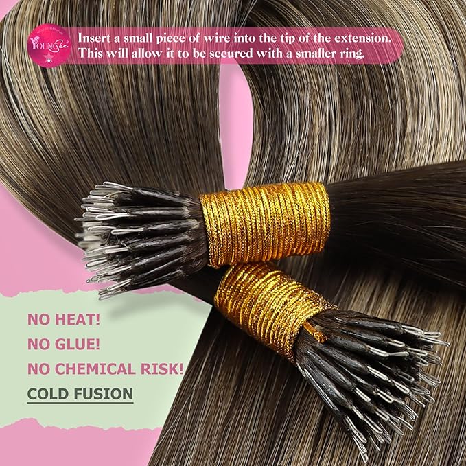 YoungSee Nano Ring Hair Extensions Ombre Nano Hair Extensions Human Hair Dark Brwon Balayage Caramel Blonde Human Hair Extension Nano-Bead 18Inch Nano-Tip Hair Extension for Wedding 50G 50S
