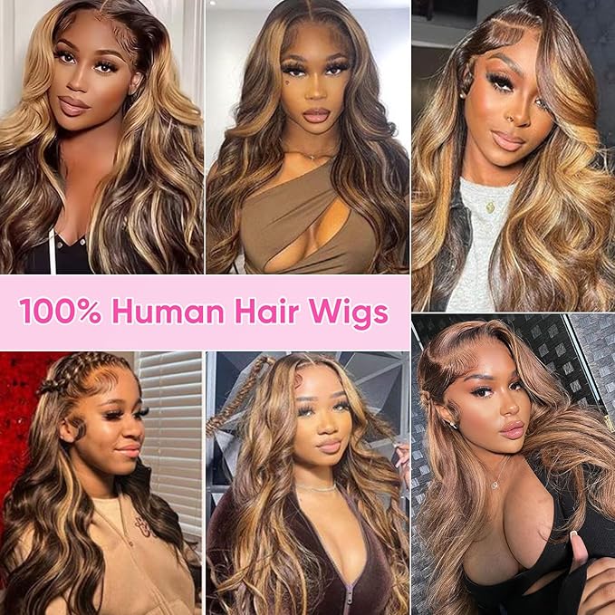 30 Inch Highlight Ombre 13x6 Lace Front Wig Human Hair 210 Density Body Wave Honey Blonde Glueless HD Transparent Lace Frontal Wigs for Women 4/27 Colored