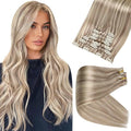 Full Shine Clip in Human Hair Extensions Ash Blonde Mix Platinum Blonde Seamless Clip in Hair Extensions Human Hair Straight Hair Invisible Soft with PU Weft 14 Inch 8 Pcs 120 G