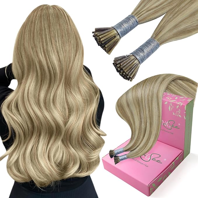 YoungSee I Tip Extensions Brown Highlight I Tip Hair Extensions Human Hair Light Brown Highlight Blonde Itip Hair Extension Real Human Hair 16In 80s 50g I-Tips Extension Human Hair Soft