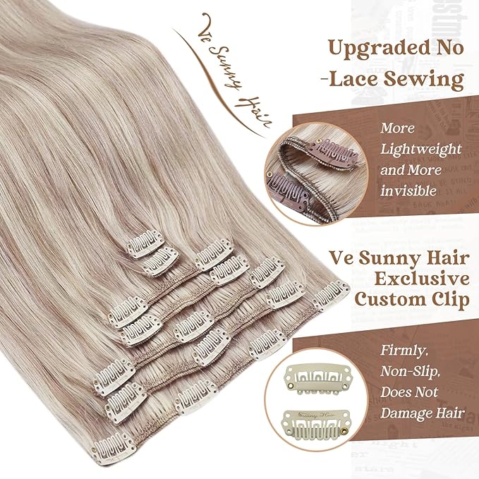 Ve Sunny Clip in Hair Extensions Real Human Hair Ash Blonde Highlight Bleach Blonde Hair for Women Hair Extensions Clip ins Long Double Weft 120g 24inch 7pcs
