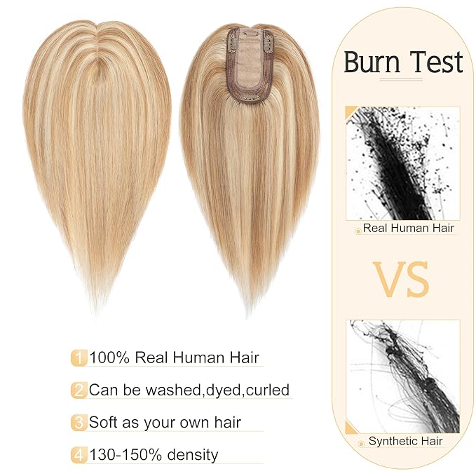 SEGO Human Hair Toppers for Women With Thinning Hair, 7 * 13CM Silk Base 100% Real Human Hair Clip in Top Wiglet Hairpieces -6 Inch No Bangs Golden Brown&Bleach Blonde
