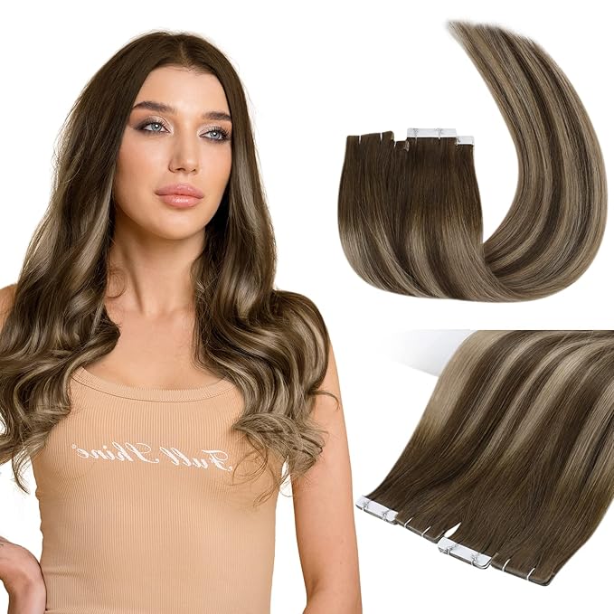 Full Shine Virgin Tape in Hair Extensions Human Hair 5Pcs Color 4/27/4 Balayage Invisible Tape in Extensions 22 Inch Remy Injection Tapes in Human Hair for Women 12.5 Gram Hair Extensions