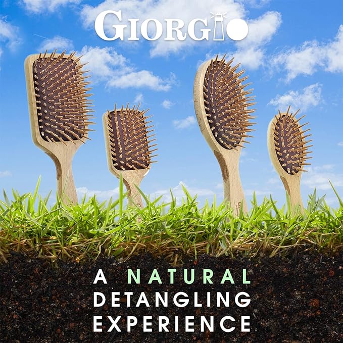 Giorgio Eco Friendly Wooden Bristle Hairbrush - Large Detangling Brush and Hair Growth Brush for Thick or Long Hair - Paddle Hair Brush Made with Anti Static Beechwood, Silicone Massage Cushion