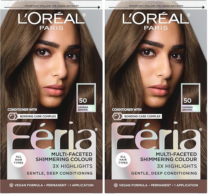L'Oreal Paris Feria Multi-Faceted Shimmering Permanent Hair Color, 50 Havana Brown (Medium Brown), Pack of 2, Hair Dye