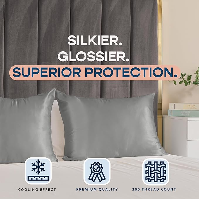 BLISSFORD Satin Pillowcase with Zipper, for Hair and Skin Care, Feels Soft and Cool Like a Silk Pillowcase, Satin Pillow Cases 2 Pack, Slik Pillow Cover, Grey - Standard Size - Set of 2