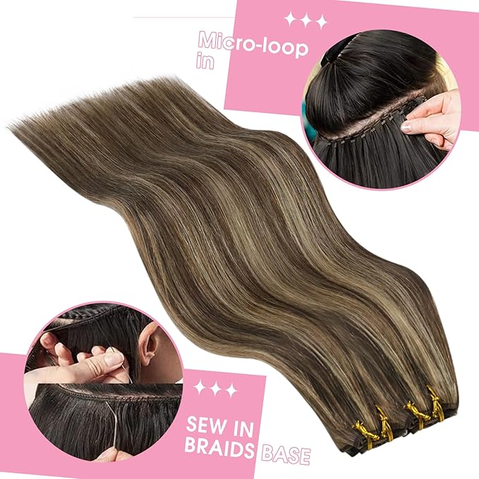 YoungSee 100G Weft Hair Extensions Dark Brown Highlight with Caramel Blonde Sew in Hair Extensions Real Human Hair Short Straight Hair Extension Weft for Women 14inch