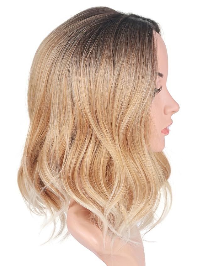 Short Curly Ombre Blonde Bob Hair Wigs For Women Synthetic Middle Part Wig With Brown Roots Party Costume Cosplay Wig (Ombre Blonde-9143)