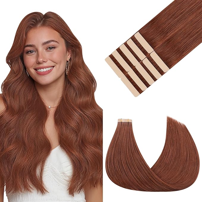 GOO GOO Tape in Hair Extensions Human Hair, #33B Dark Auburn Copper, 24inch 30g 10pcs, Skin Weft Seamless Invisible, Silky Straight with Thick Ends, Remy Human Hair