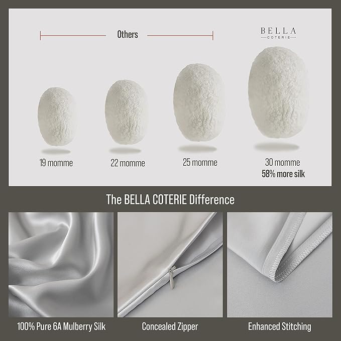 Bella Coterie Luxury Silk Pillowcase for Hair and Skin | 30 Momme | 100% Pure 6A Mulberry Silk | Super Soft | Perfectly Plush [Queen, Silver]