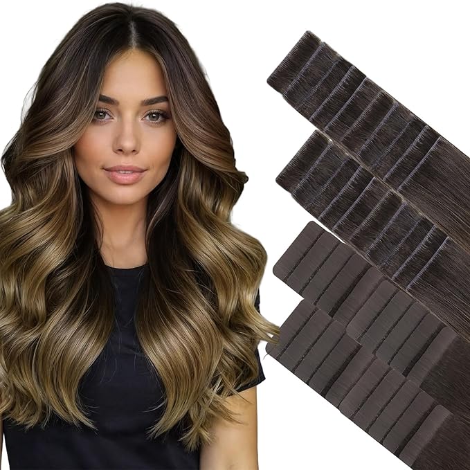 GOO GOO Invisi Edge Tape in Hair Extensions Human Hair, 1D/2C/4E Chocolate Dip Color Melt 20pcs injected with 20pcs classical tape ins, 24inch 100g, Virgin Remy Hair, Natural Look