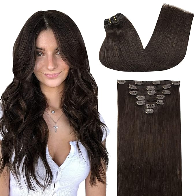 GOO GOO Clip in Hair Extensions Real Human Hair, Remy Human Hair Extensions Clip ins for Women, Natural Human Hair, 26inch 135g 7Pcs, 2A Light Brown