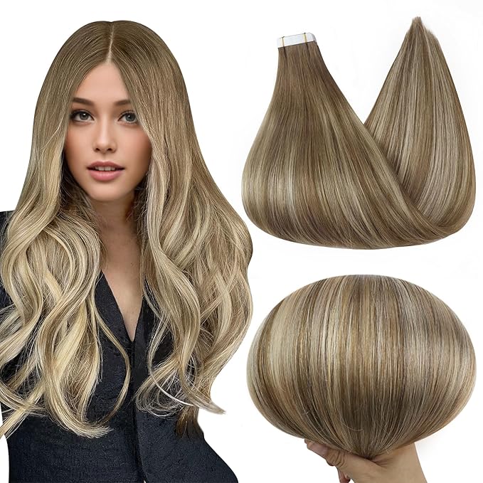 Full Shine Fashion Blonde Tape in Hair Extensions 16 Inch Seamless Tape in Extensions Real Human Hair Color 6 Fading to 6 Brown and 60 Platinum Blonde 50G 20Pcs Straight Remy Hair Extensions Tape in