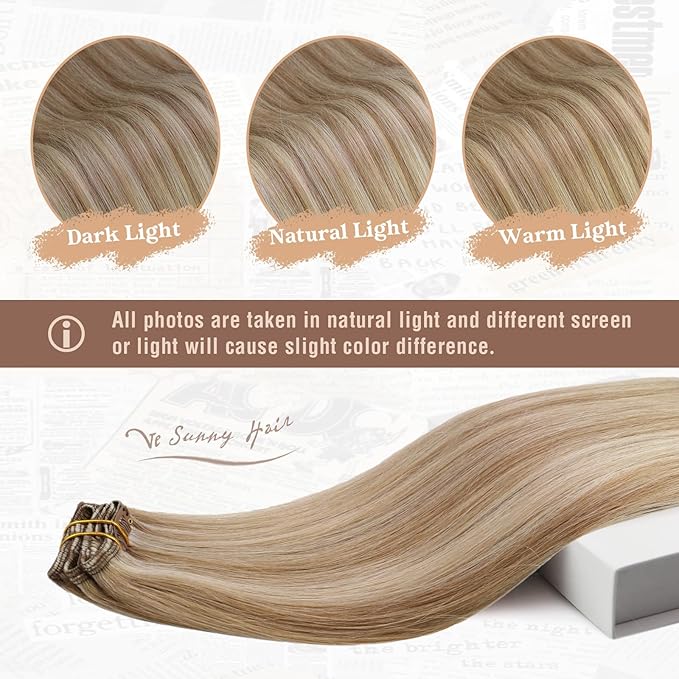Ve Sunny 24 inch Hair Extensions Clip in Lightest Brown mit Platinum Blonde Clip in Hair Extensions Real Human Hair Remy Hair Extensions Clip ins for Women 120g