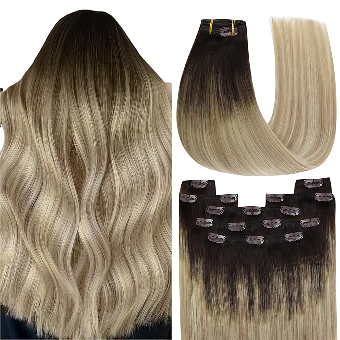 YoungSee 150G Clip in Hair Extensions Ombre Real Human Hair Extensions Clip ins Medium Brown Ombre Golden Blonde Mix Platinum Blonde Clip in Extensions Real Human Hair 7Pcs 24Inch
