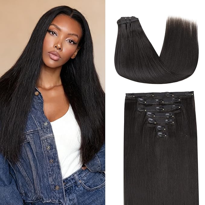 Lashey Yaki Straight Clip in Hair Extensions 7pcs 120g 16 Inch Seamless Clip in Hair Extension Natural Black Clip Ins Real Human Hair for Women