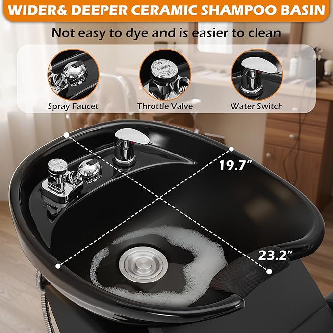 Salon Shampoo Bowl and Chair Set, Shampoo Barber Backwash Chair, Adjustable Splash-Proof Ceramic Bowl Hair Washing Station for Spa Beauty Salon