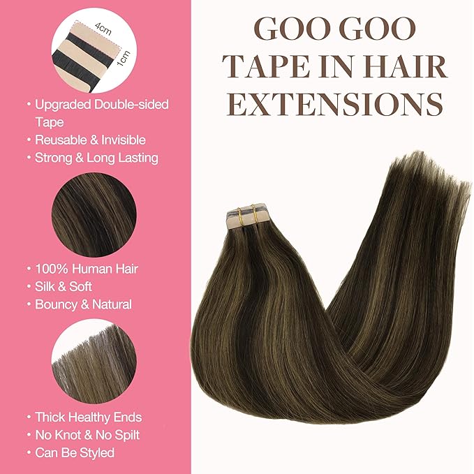 GOO GOO Tape in Hair Extensions Human Hair, 2/6 Dark Brown Highlighted Chestnut Brown, 20inch 50g 20pcs, Skin Weft Seamless Invisible, Silky Straight with Thick Ends, Remy Human Hair