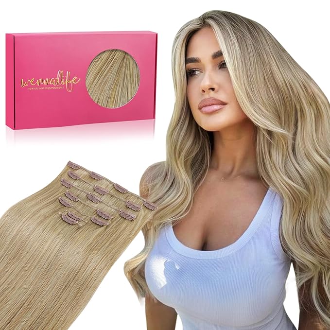 WENNALIFE Clip in Hair Extensions Real Human Hair, 16 Inch 120g 7pcs Clip in Hair Extensions Real Human Hair, Mixed Multi-tone Ash Brown Human Hair Remy Hair