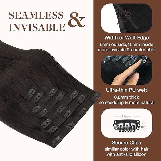 GOO GOO Clip in Hair Extensions Real Human Hair, Remy Human Hair Extensions Clip ins for Women, Natural Human Hair, 18inch 130g 7Pcs, 2 Dark Brown