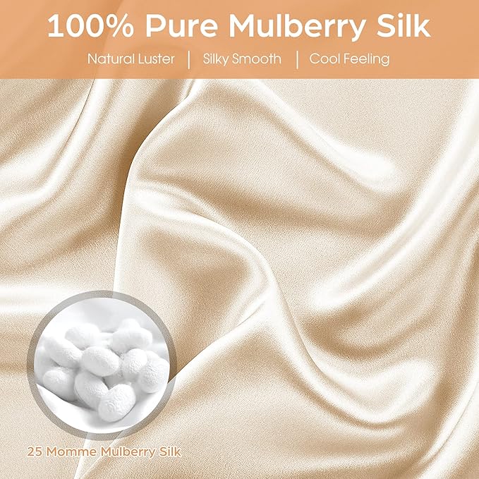 Silk Pillowcase for Hair and Skin, 2 Pack 100% Mulberry Silk Pillowcase 25 Momme, 600 Thread Count, Both Side Pure Silk Pillow Cover with Hidden Zipper (Beige, Queen 20''×30'')