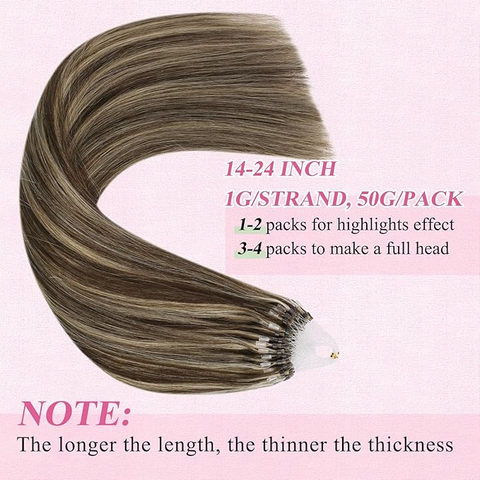 YoungSee Micro Link Hair Extensions Human Hair Highlight Micro Loop Hair Extensions Real Human Hair Dark Brown Highlighted Blonde Invisible Beaded Hair Extension Long Hair 24In for Wedding 50g 50s