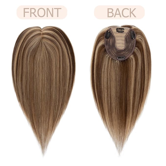 Hair Toppers for Women Real Human Hair No Bangs, 13 * 15 cm Larger Silk Base 150% Density Clip In Topper Hairpieces, Wiglet Top Pieces Add Volume -12 Inch 4P27 Medium Brown&Dark Blonde
