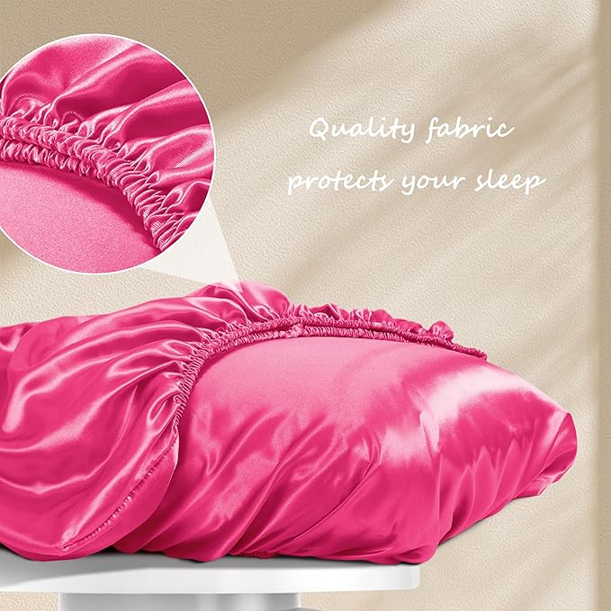 Manyshofu Satin Pillowcases for Hair Protection - 2Pcs Hot Pink Pillow Cases, Elastic Band Standard & Queen Satin Pillowcases Luxury Silky Pillow Cases Travel Pillow Covers