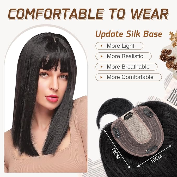 Rich Choices Real Human Hair Toppers for Women With Bang 100% Remy Human Hair Topper for Thinning Hair Clip in Silk Base Hair Topper 14 Inch #1 Jet Black