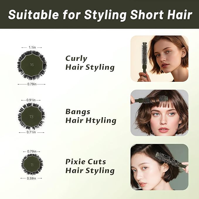 3pcs Small Round Hair Brush for Short Hair - Barrel Hair Brush for Blow Drying, Aluminum Round Brush for Bobs, Bangs, Lobs, Roots, Curling, Pixie Cuts, Straight Hair - Green