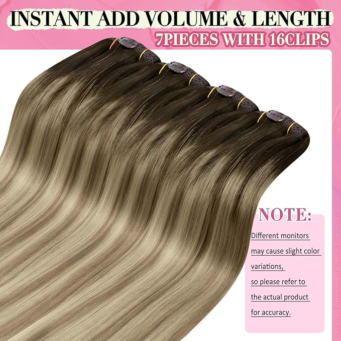 YoungSee 135G Clip in Hair Extensions Real Human Hair Ombre Brown Clip in Human Hair Extensions Walnut Brown Ombre Light Brown with Blonde Balayage Clip ins Hair Extension 18inch 7pcs
