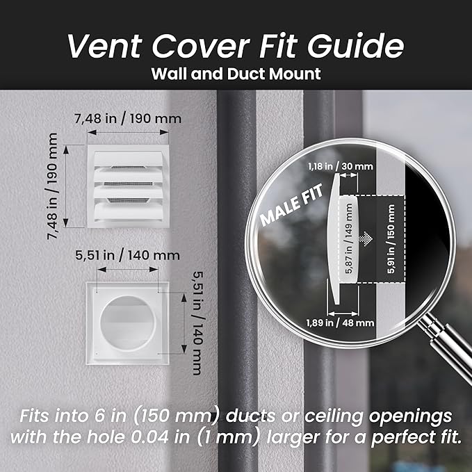 Repa Market 6 Inch Gray Dryer Vent Hood/Duct Cover for Walls or Ducting/ABS Plastic Grille with Flaps & Insect Screen/Exhaust and Dryer Vent Covers for Indoor & Outdoor Use