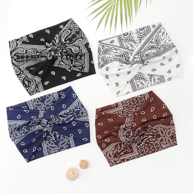 DRESHOW 4 Pack Turban Headbands for Women Wide Vintage Head Wraps Knotted Cute Hair Band Accessories