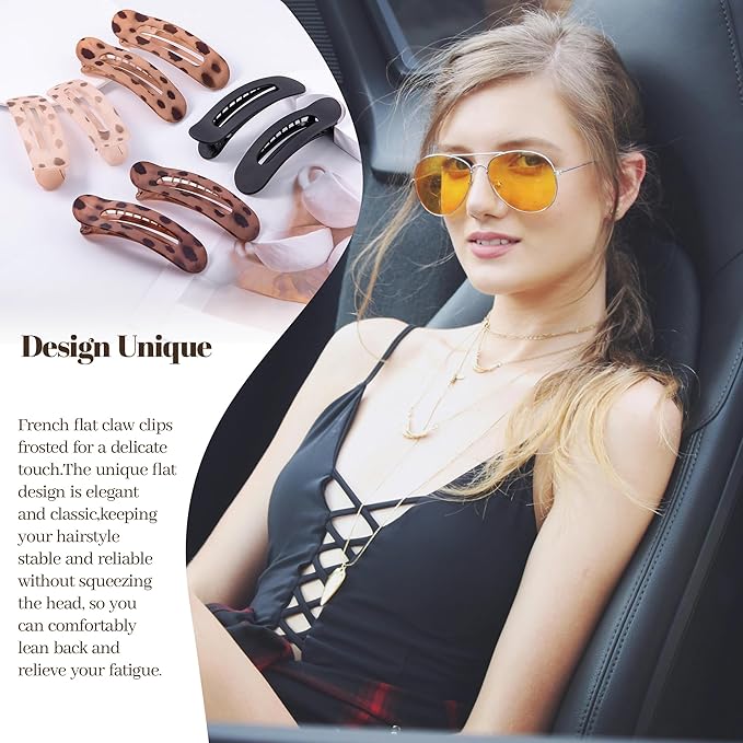 8 Pcs Large Lay Flat Claw Clips for Women French Side Slide Barrettes for Thin Fine Hair Rectangle Alligator Hair Accessories,Matte Black Tortoiseshell