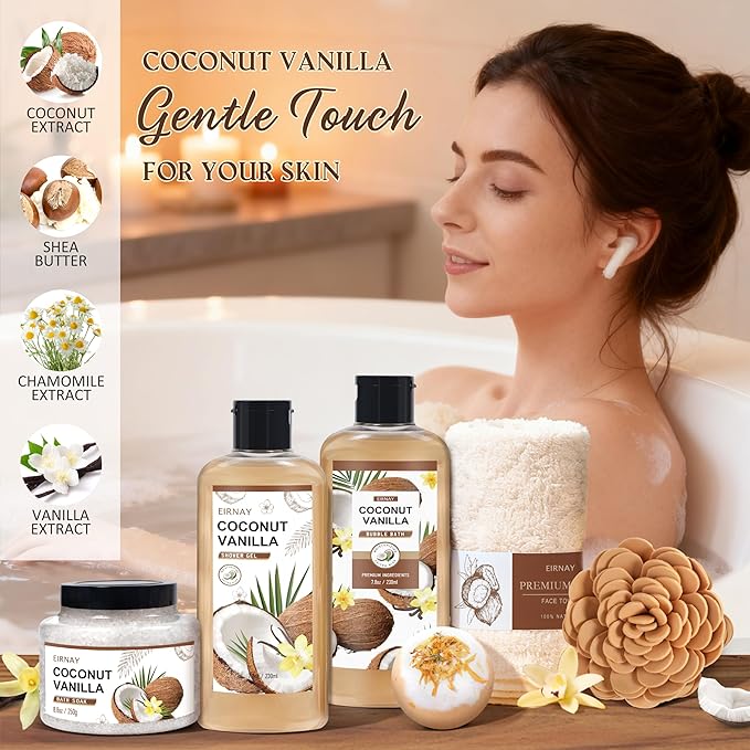 Christmas Gifts For Women - 16 PCS Birthday Gift Basket for Women Set of Coconut Vanilla Self Pampering Set, Includes Luxurious Home Spa Shower Gel Bubble Bath