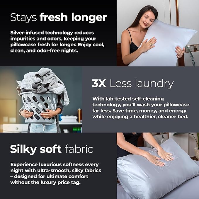 Silver Infused Satin Pillowcases Set – 2 Pack Silky Soft Cooling Pillow Cases with Self-Cleaning Silvery Technology™ for Hygienic Sleep – Better Than Silk for Hair and Skin (King (U.S. Standard))