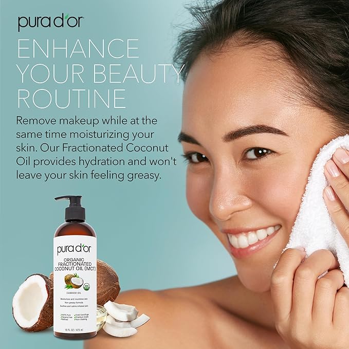 PURA D'OR 16 Oz ORGANIC Fractionated Coconut Oil – USDA Certified – MCT Oil – Therapeutic, Hydrating, Lightweight Moisturizer – Hexane Free Carrier Oil For Essential Oils & Massage – Face, Hair & Body