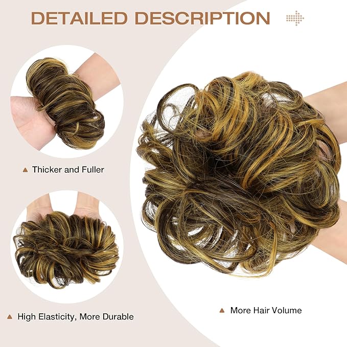 Messy Bun Hair Piece Wavy Curly Scrunchies Fluffy Donut Thick Updo Elegant Chignon Hairpieces for Women Girls, Dark Brown Mix Ginger 1.4oz