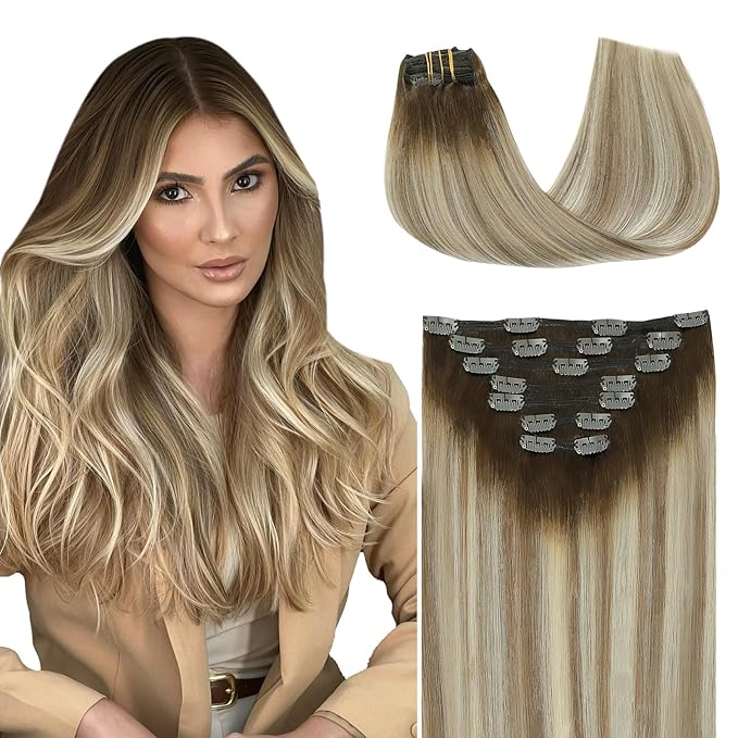 SURNEL Human Hair Clip in Extensions 18 Inch Balayage Walnut Brown to Ash Brown and Golden Blonde 7pcs 160g (7C#3/8/22-18'')