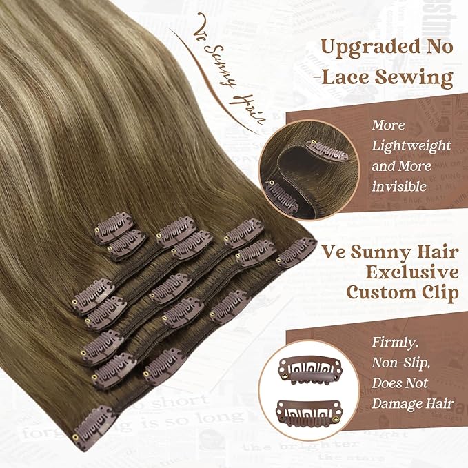 Ve Sunny Clip in Hair Extensions 22inch Real Hair Clip in Extensions Ombre Human Hair Extensions Clip ins Dark Brown to Light Brown with Blonde Balayage Winter Clip on Hair Extensions 120g 7pcs