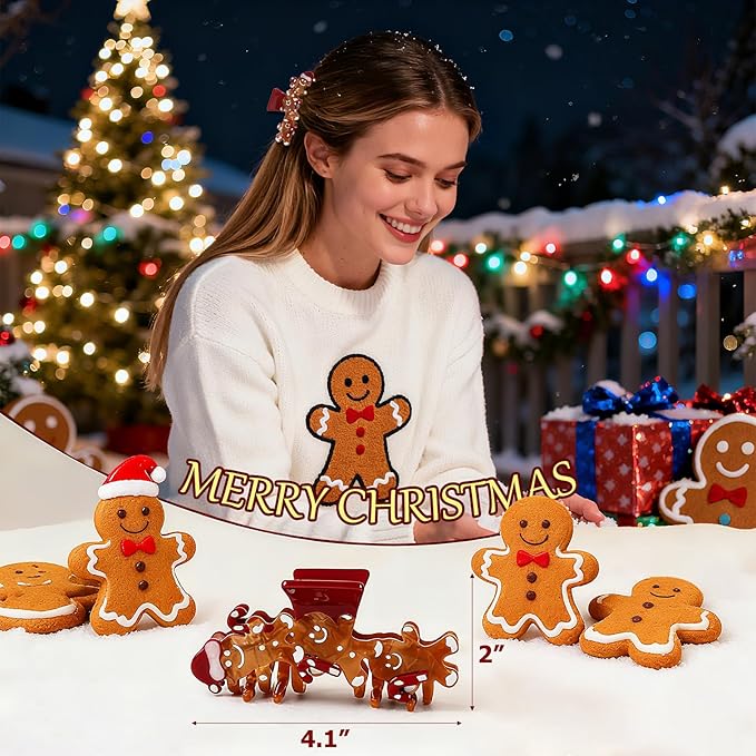 Original Italian Designed Hair Claw Clips for Women- CHRISTMAS Gingerbread Men, Premium Acetate Medium Claw, Non Slip Cute Hair Clips for Women with Gift Box