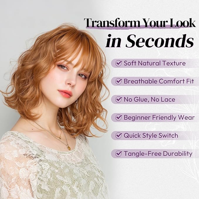BARSDAR Natural Red Short Wavy Wig with Bangs - Short Wavy Ginger Auburn Wig for Women - Curly Wavy Textured French Bob Wigs with Bangs Soft Synthetic Natural Looking Face-Framing Daily