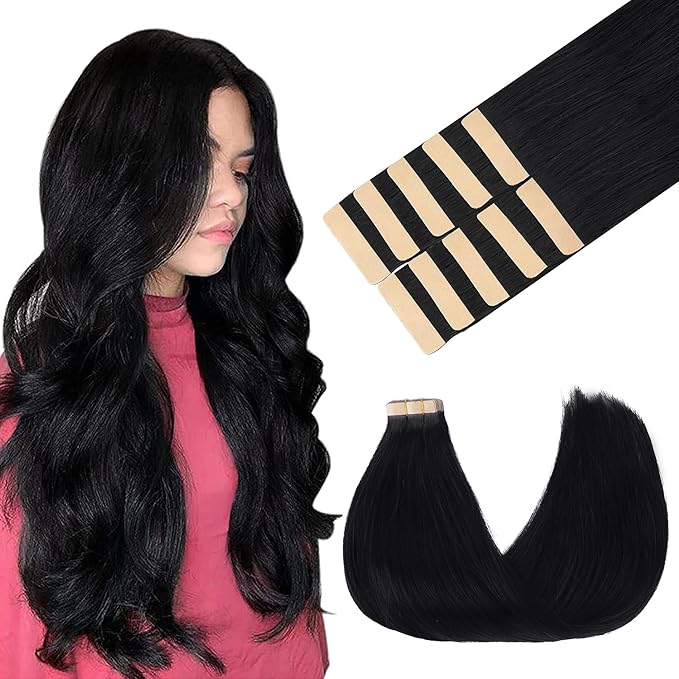 GOO GOO Tape in Hair Extensions Human Hair, 1 Jet black, 16inch 25g 10pcs, Skin Weft Seamless Invisible, Silky Straight with Thick Ends, Remy Human Hair
