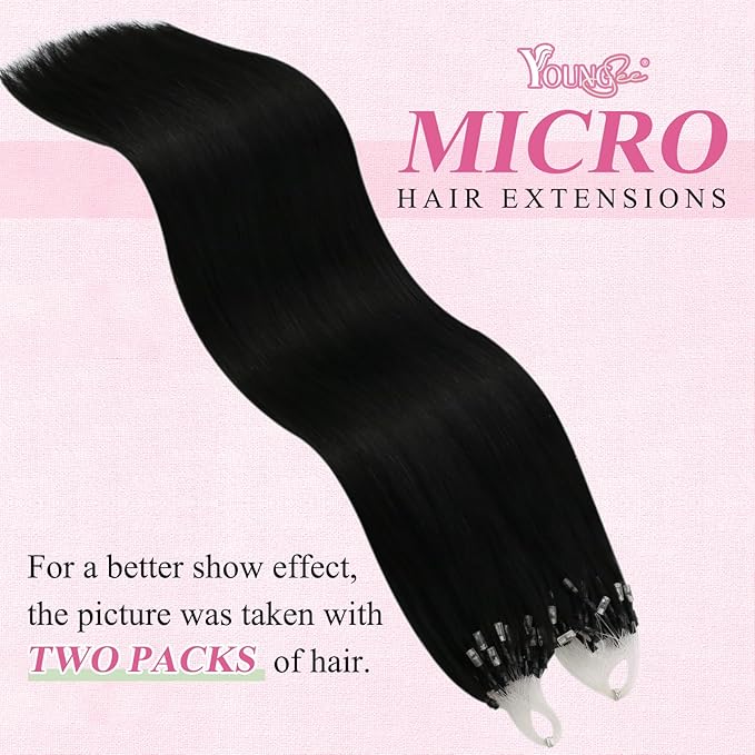 YoungSee Micro Bead Hair Extensions Real Human Hair Black Microlink Hair Extensions Human Hair Jet Black Microbead Hair Extension 16 Inch 50s/50g Micro Ring Hair Extensios #1 for Wedding