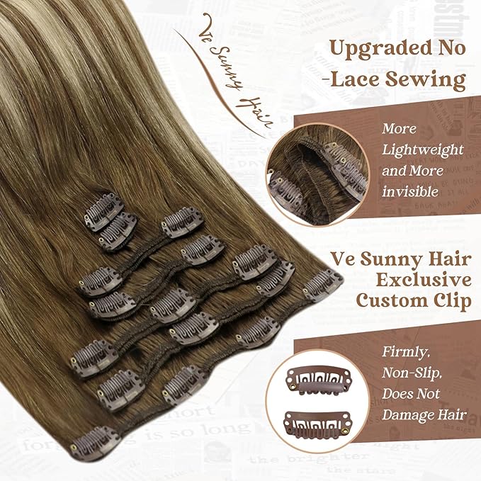 Ve Sunny Balayage Clip in Hair Extensions Human Hair Clip in Extensions Brown Clip in Human Hair Extensions Chestnut Brown with Platinum Blonde Hair Extensions for Holiday Party 120g 7pcs 24inch