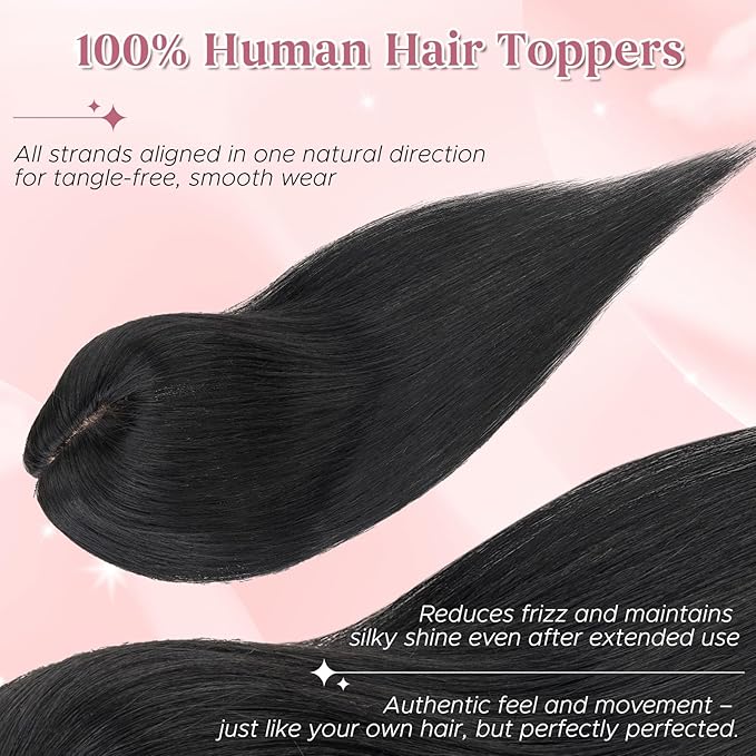 Real Human Hair Toppers for Women 3.54"*4.72" Silky Base 150% Density With Bangs Adjustable Parting Clip-In Topper Hairpieces for Women with Thinning Hair 12 Inches Dark Black