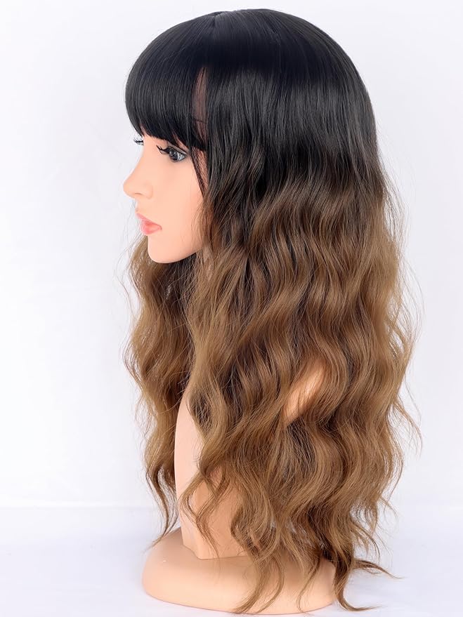 Ombre Brown Wavy Wigs with Bangs for Women - Medium Long Synthetic Black To Brown Wigs Heat Resistant for Daily Party Use