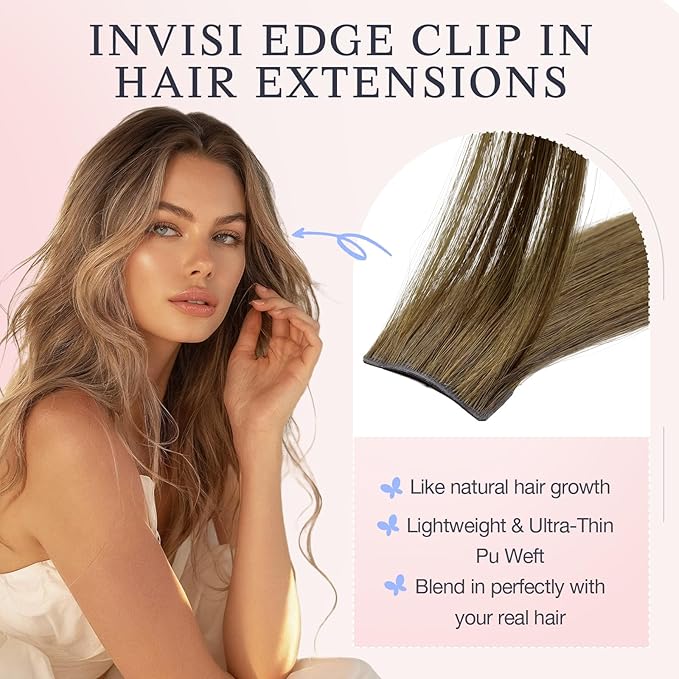 DOORES Invisible Clip in Hair Extensions 18 inch 110g 7pcs, Real Human Hair Invisi Edge Clip in Extensions, Virgin PU Clipins Straight Thickening, 6BT18D Medium Brown Highlighted Dirty Blonde